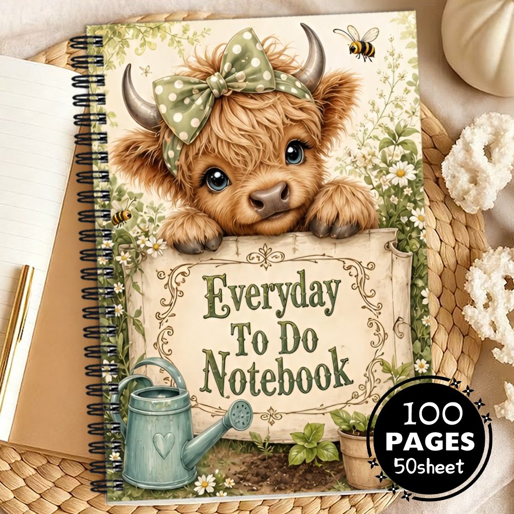 TEMU 1pc 21x14.5cm Spiral Bound Daily Planners, Cute Highland Cow Garden Themed Aesthetic Productivity Journal With To-do List, Portable Personal