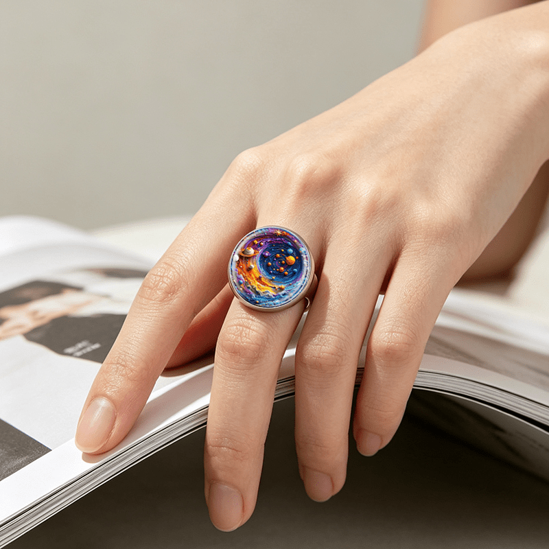 Adjustable White Ring with Universe Planets Design