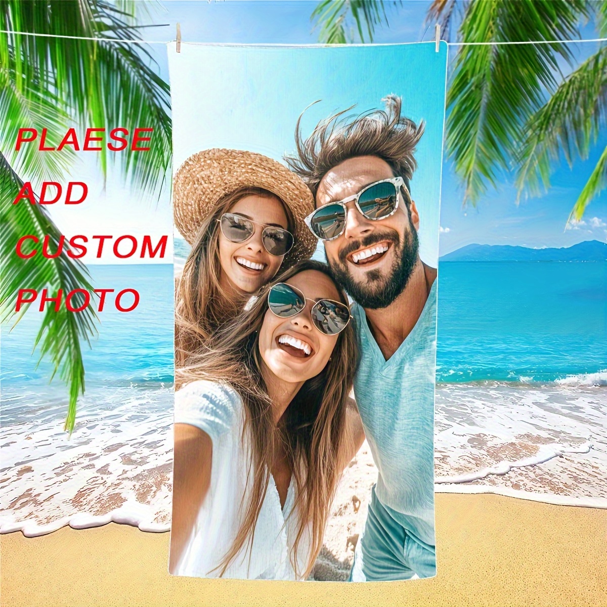 TEMU カスタム写真ビーチタオル - 速乾・砂よけ、複数サイズあり、パーソナライズプール・トラベルタオル、モダンなバスルームアクセサリー、アウトドアレジャー、鮮やかなプリント、軽量素材、アウトドア愛好家専用