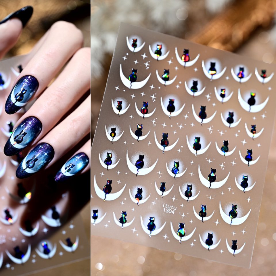 1pc Cat Shadow Shell Glow Nail Stickers | Four-pointed Black Cat Moon Adhesive Nail Decals | Christmas New Year Valentine's Day Gift | Diy For Nail Art Enthusiasts