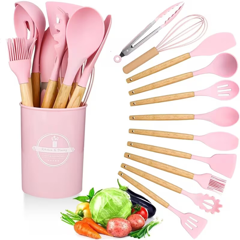 TEMU Set Of 12 Silicone Kitchen Utensils Featuring Wooden Handles | And Heat-resistant Tools In Pink