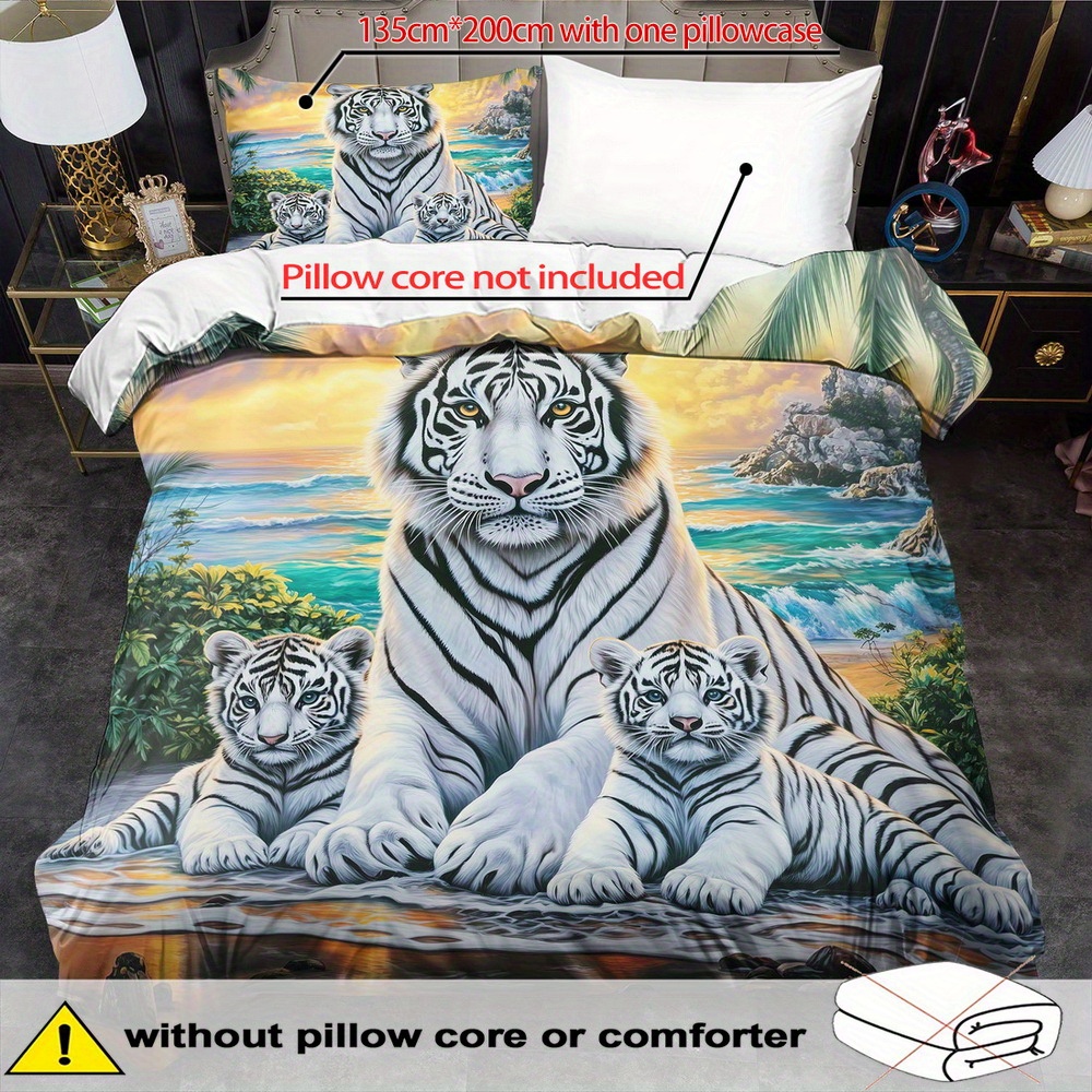 TEMU White Tiger Themed Duvet Cover Set - 2/3pcs, Soft, Comfortable, And Breathable, Fantasy Animal Pattern Printed Bedding, Tiger Print Duvet Cover