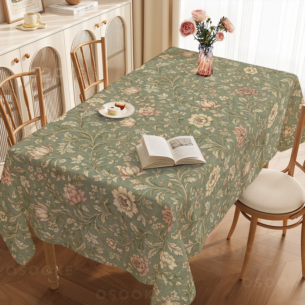 TEMU 1pc Pastoral Style Sage Green Tablecloth, Durable Polyester Tablecloth, Vintage Peony Floral Pattern Tablecloth, Easy-to- Floral Dining