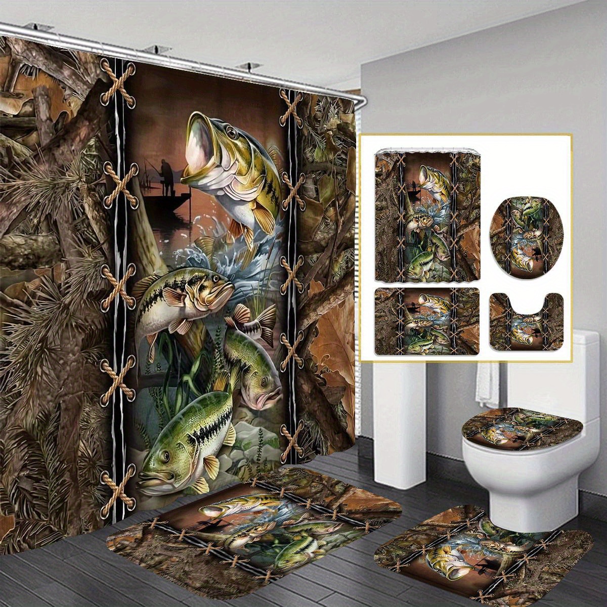 

Fishing 1/4pcs Shower Curtain Set, Stylish Bathroom Decor, Water-resistant Fabric Shower Curtain Set With 12 Hooks, Non-slip Bath Mat, U-shaped Toilet Mat, Toilet Seat Cover, Christmas Presents.