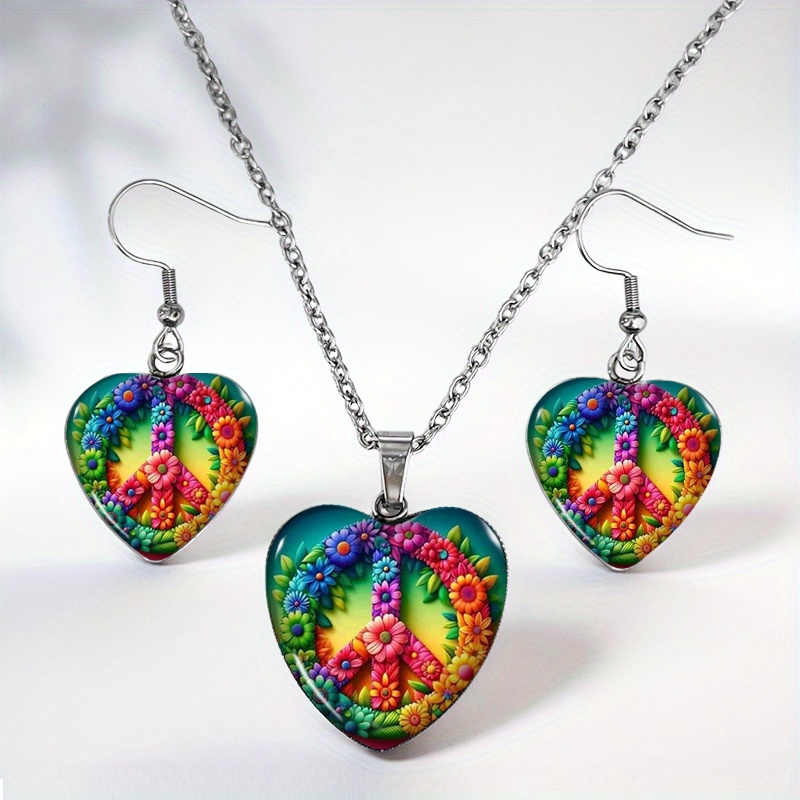 3pcs Hippie Peace Symbol Heart-Shaped Earrings Necklace Set