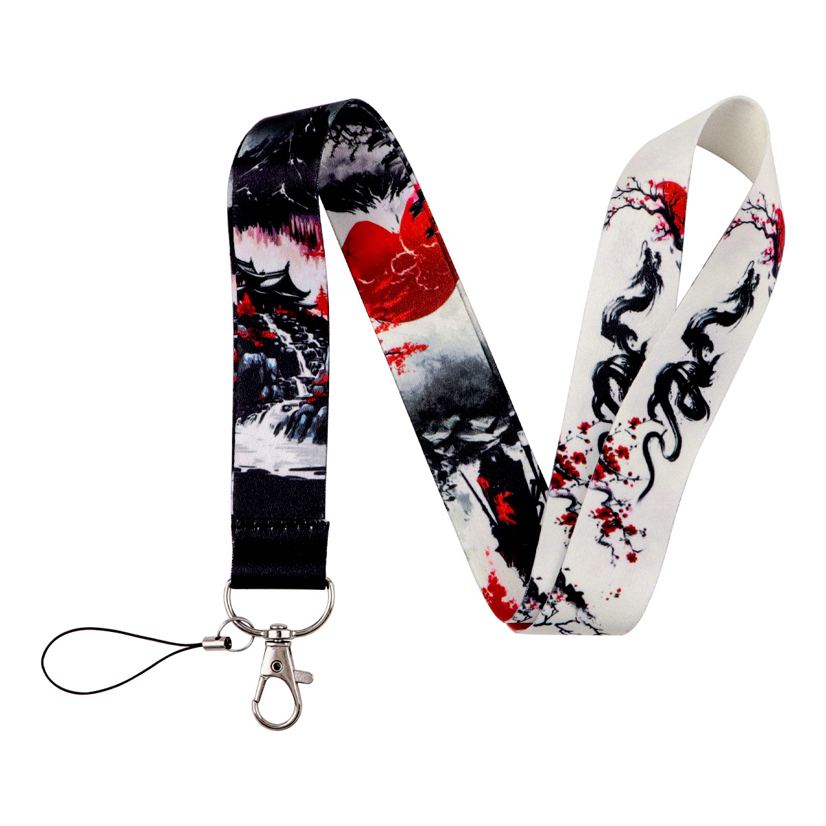 1pc Dmlsky Japanese Dragon & Sakura Lanyard With Red Sun Landscape Print - Cute Suitable For Phone, Keys, Id, For Phone,, Office, Festival, Gift For Japan Lovers