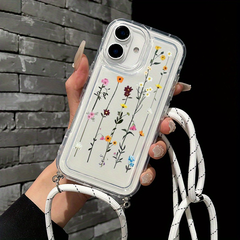 TEMU For Iphone 16 Pro Max Lanyard Mobile Phone Case A Of Flowers Pattern Phone Case For Iphone 15/13/11/14/12/8/7/xs/pro/plus/pro Max Transparent