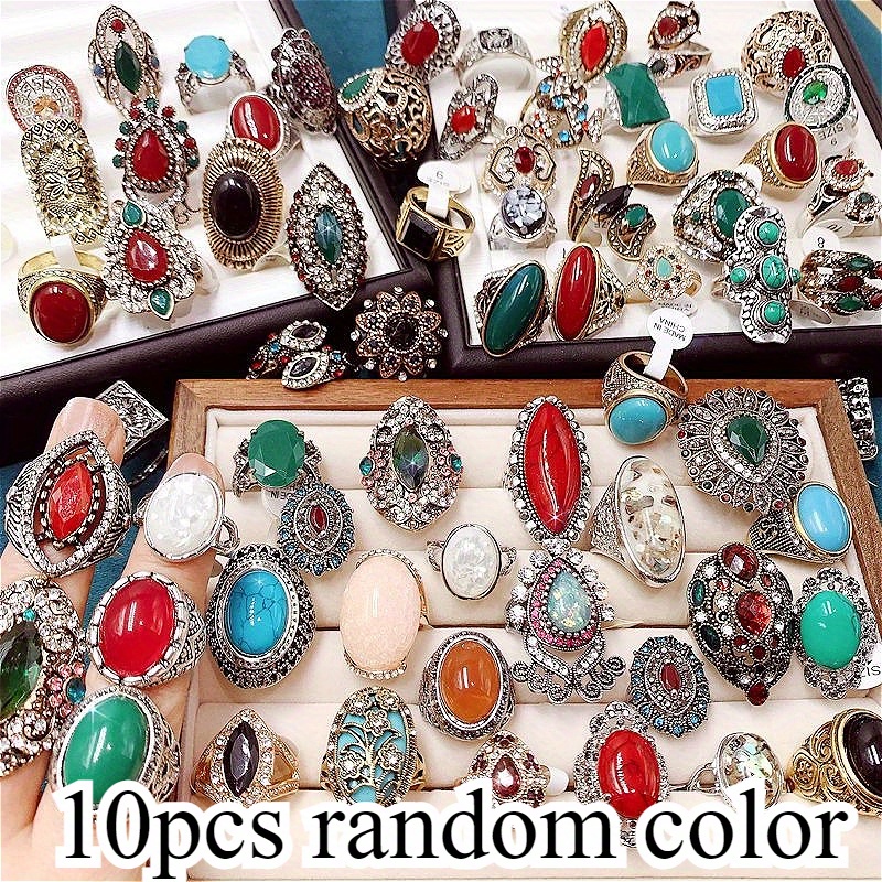 TEMU 10pcs Of Random Color Retro Exaggerated Turquoise Rings, Light Luxury Ethnic Style Women's Ring Sets, Random Sizes, Random , Women's Rings, On