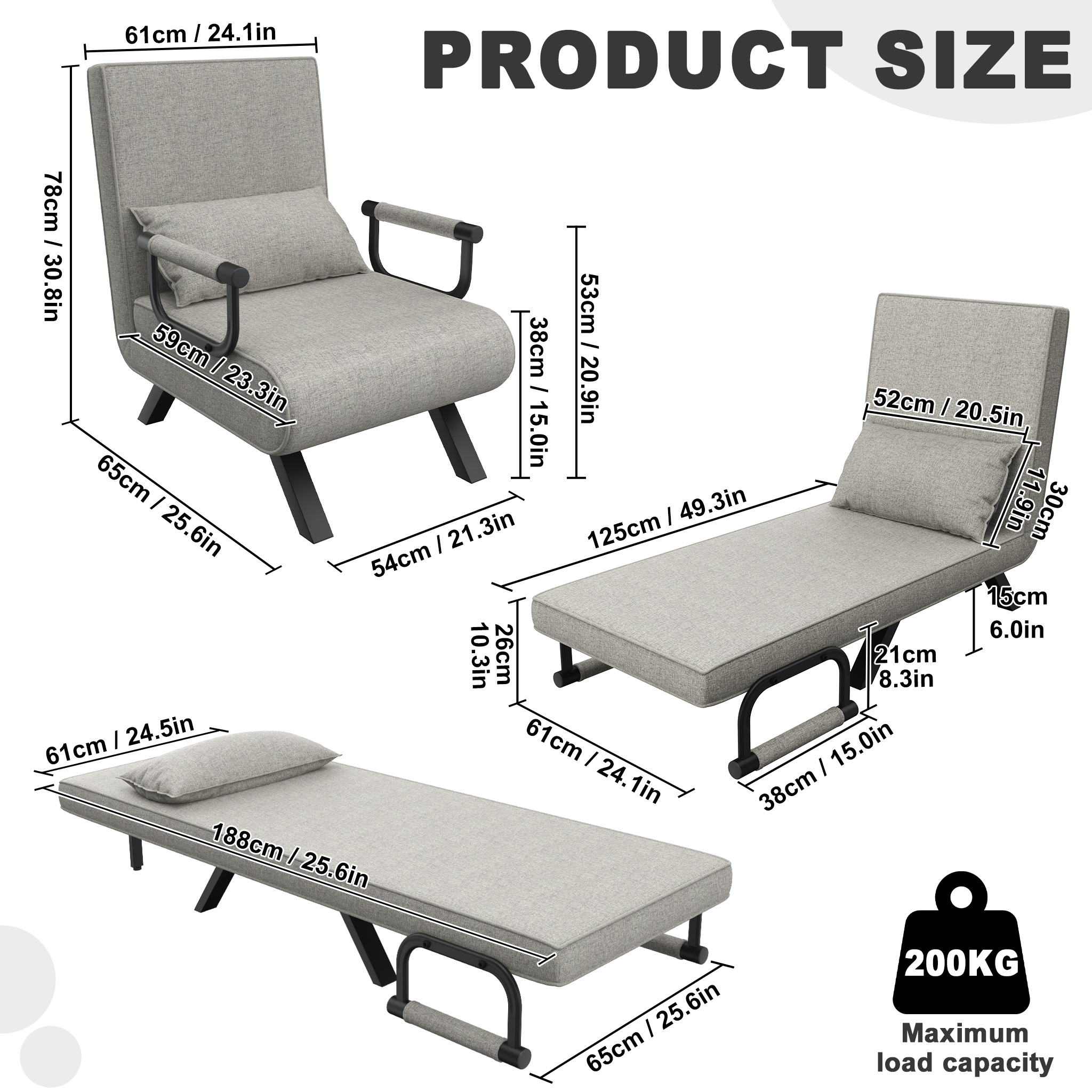 3-in-1 Folding Sofa Bed With Bed Function, Guest Bed For Adjustable Backrest, Folding Chair, Folding Bed With Armrest And Pillow, Dark Grey/light Grey