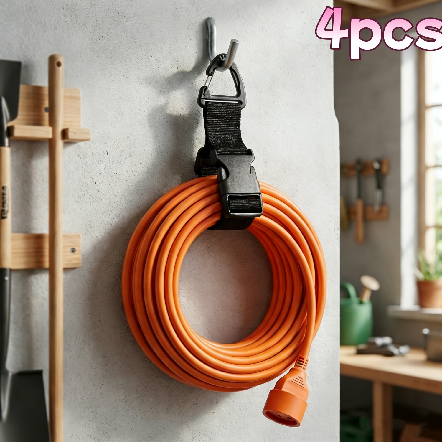 Artikelbild 4 Stück Verstellbare Gartenschlauchbänder, Robuster Verlängerungskabel-Organizer, Hängende Aufbewahrungsbänder für Garage & Werkstatt, Wiederverwendbare Kabelmanagement-Bänder