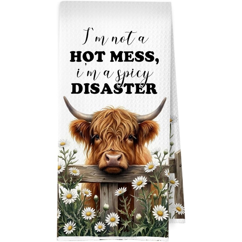 TEMU 1pc Highland Cow Kitchen Towels Suitable For Scottish-themed Gifts, Farmhouse Decor - Adorable Highland Cow Print Dish Towels, Waffle Texture,