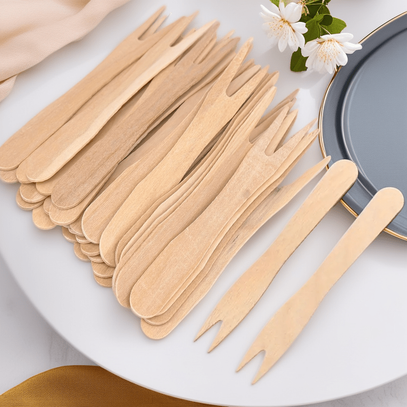 Image of 300/500pcs Disposable Wooden Fruit Fork, 8.5cm/3.35in, Wooden Cutlery Fork, Wooden And Fruit Fork, Wooden Cocktail Fork, Suitable For Restaurants, Bars, Family Gatherings, Party Supplies