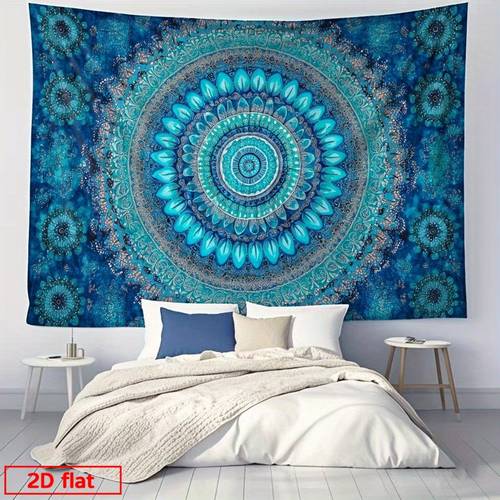 2d-flach, . böhmischer mandala-wandteppich – blau & türkis blumen-hängedekor für schlafzimmer, yogastudio, hochzeit, terrasse – aufwendiges mandala-design mit mustern, stoff für meditationsraum & entspannungsbereiche, 2d-flach