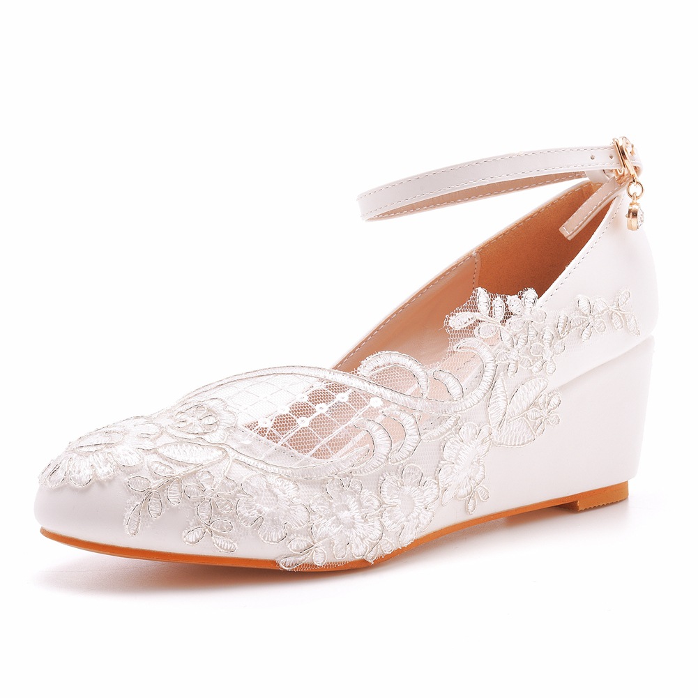 Image of White Floral Lace Mesh Cutout Wedding Wedge Shoes For Women, Round Toe Thin Ankle Strap With Rhinestone Pendant , Soft Integrated Wedge Heel Elegant Bridal Party Fashion Footwear, Women Shoes