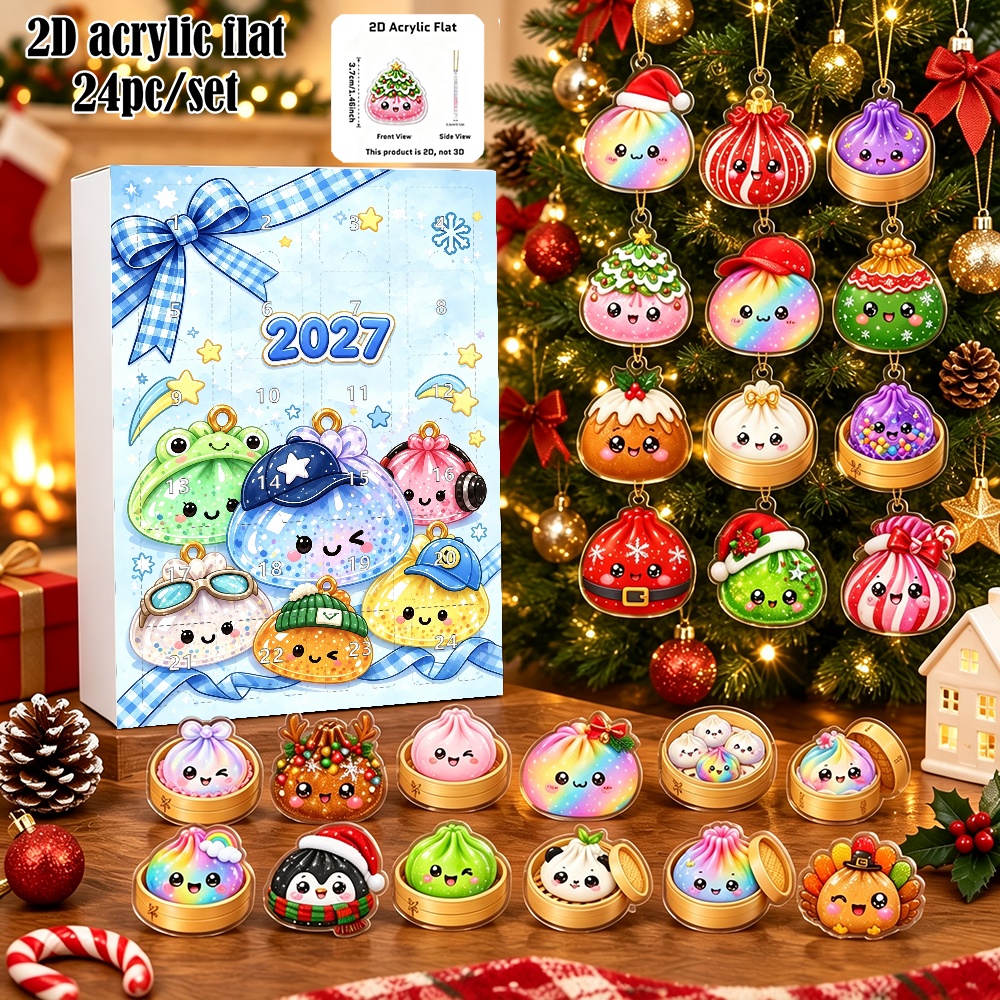 TEMU Plat 2D, 24 pièces/lot Ornements de Calendrier de l'Avent de Noël Style Kawaii - Calendrier de Compte à Rebours de 24 Jours avec Décorations