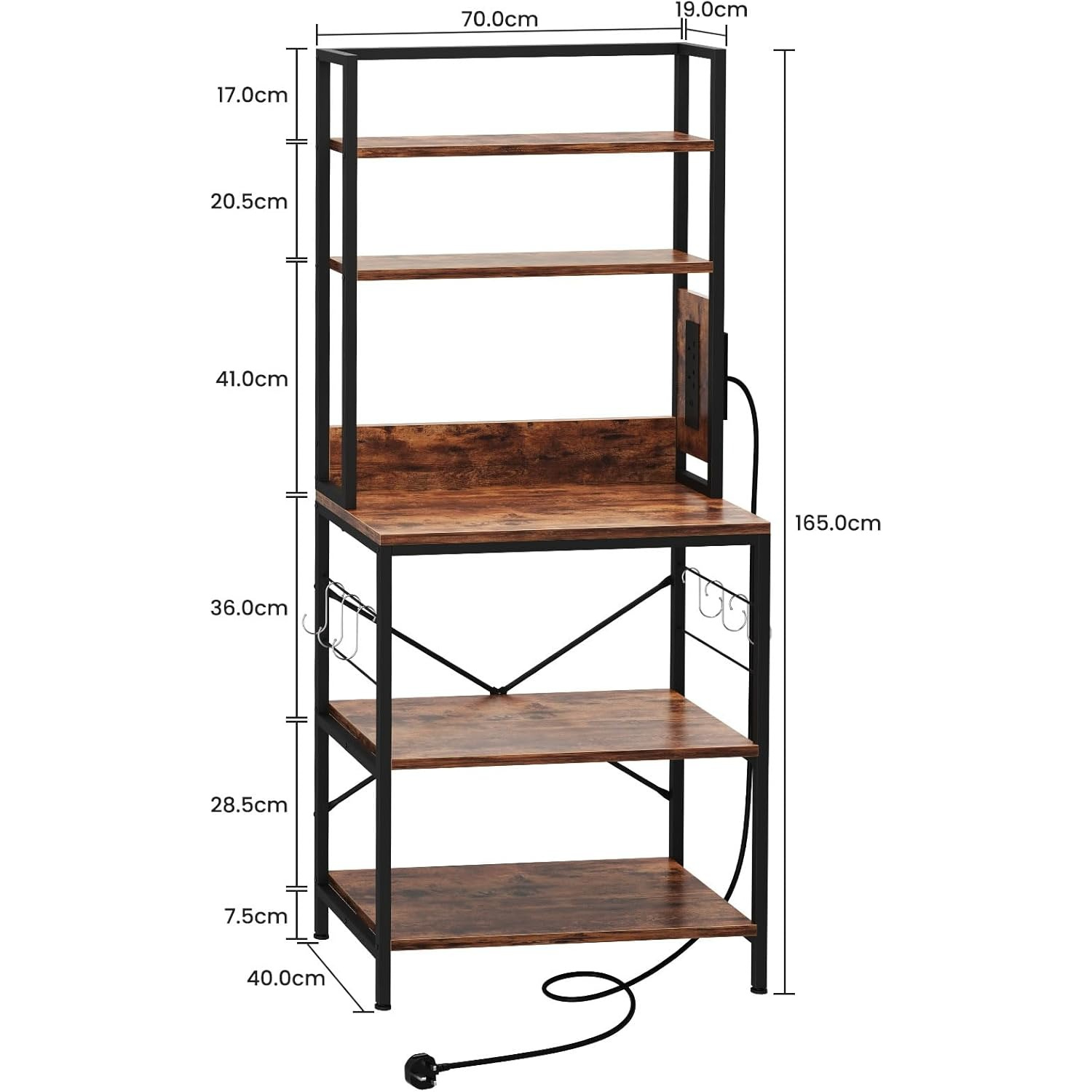 5-tiers Bakers Rack, Coffee Bar Station Microwave Stand With 6 S Hooks, Industrial Kitchen Storage Shelf Rack For Spices, Pots And Pans