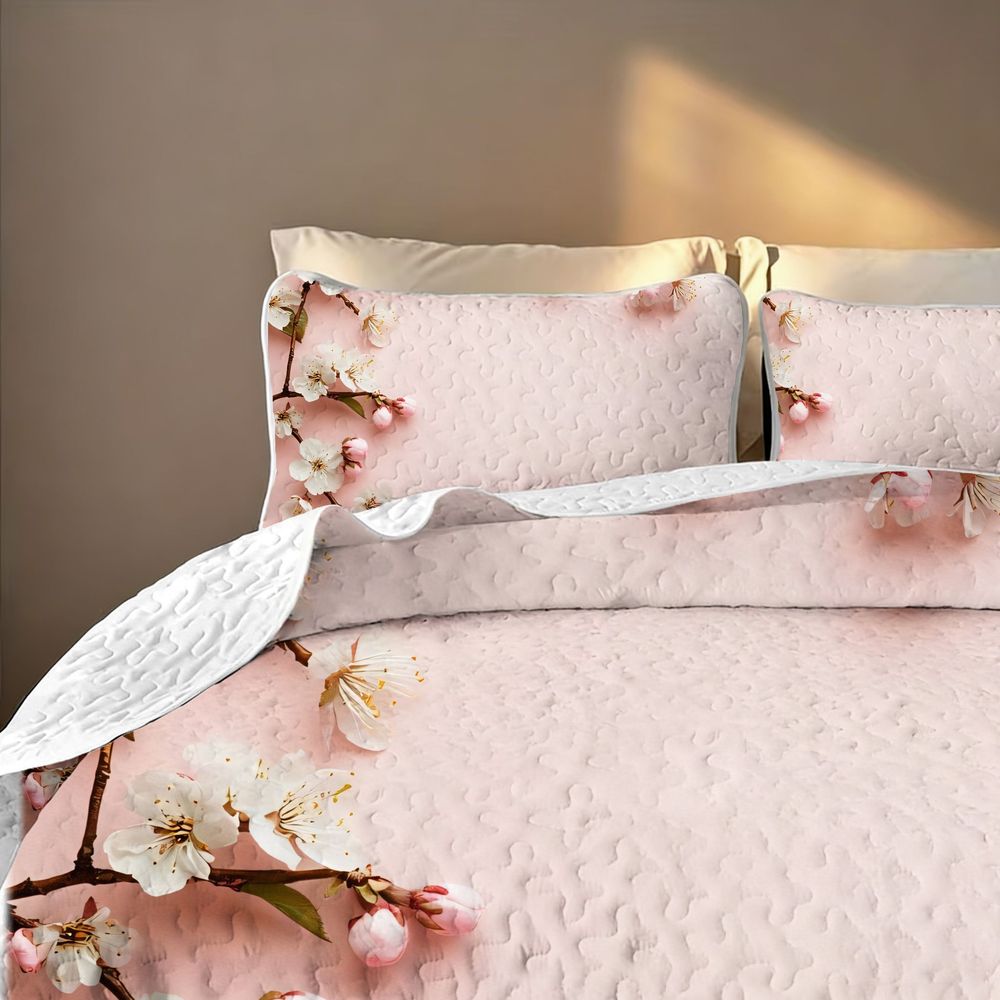 2/3pcs Quilt Set Elegant 2D Cherry Blossom Pattern Bedspread Set, Soft Pink & White Floral Quilt Bed Cover Set (1 Quilt + 1/2 Pillowcases), Spring Serene Floral Bedding for Bedroom Decor, Delicate Blossom Branches with White Flowers & Pink Buds