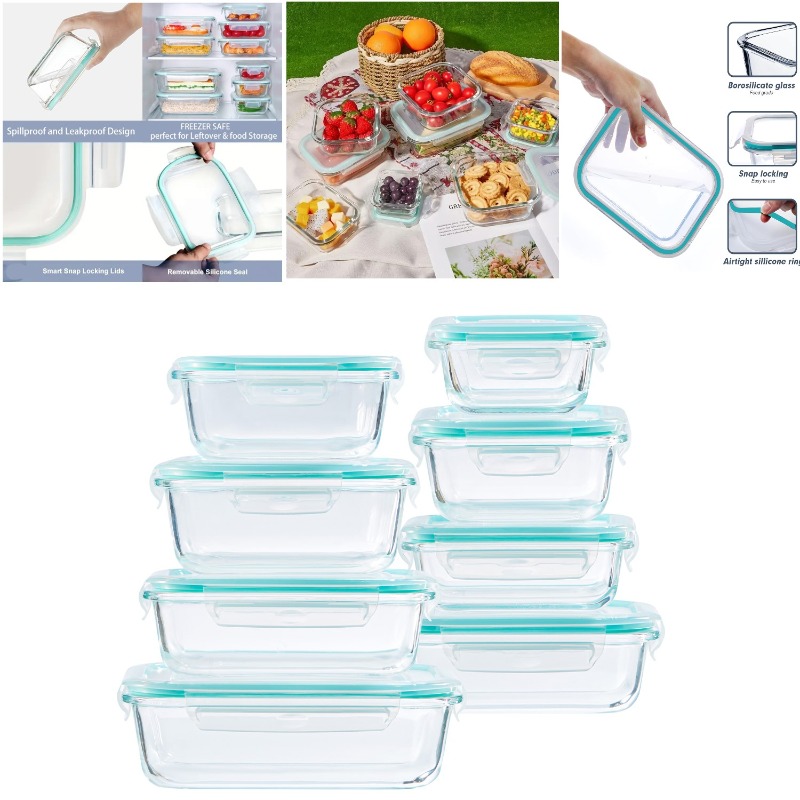 TEMU 16-teiliges Glasbehälter-Set mit Deckel, (8 Glasbehälter + 8 Deckel), Frischhaltebehälter, Meal Prep Boxen, Mikrowellengeeignet, Gefrierfähig im