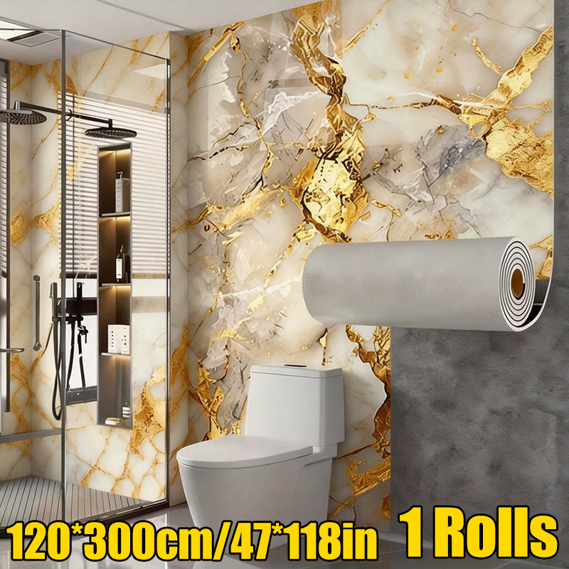 1roll 300*120cm/118*47in Removable Self-adhesive Glossy Wall Stickers, 3d Three-dimensional Wall Panels With Decorative Tiles, Waterproof And Without , Luxurious Gilded Imitation Marble Texture