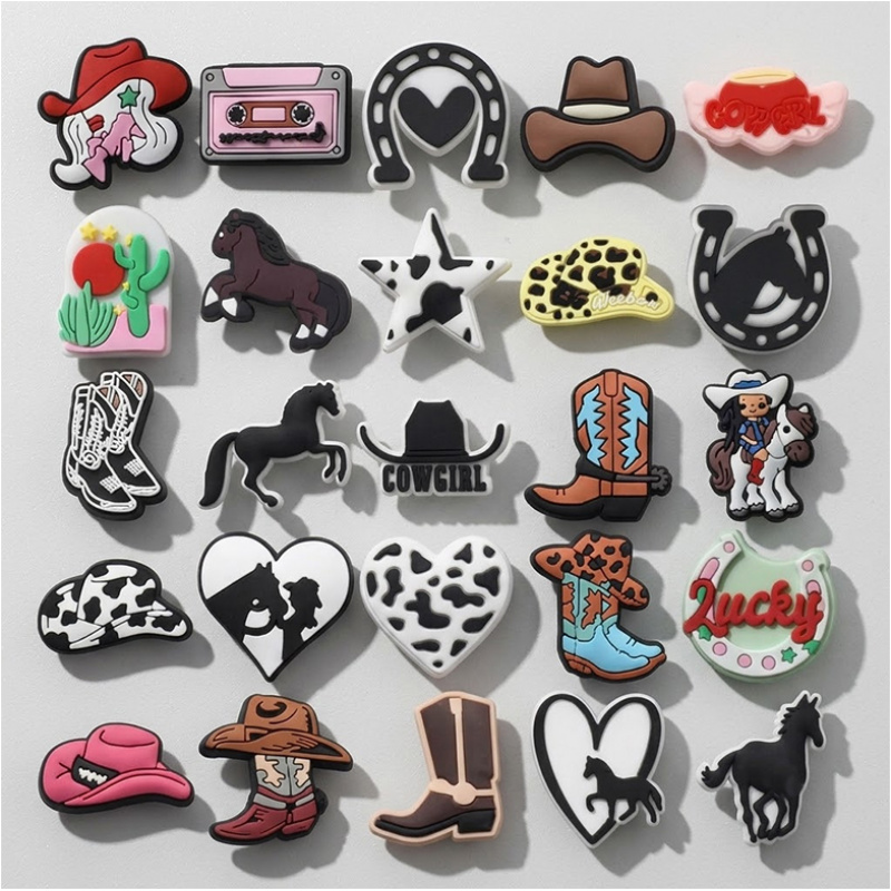 TEMU 25pcs Western Cowgirl-themed Pvc Shoe Charms - Featuring Pink Cowboy Hats, Horses, And Boots. Compatible With Clogs, Sandals, Slides, And Mules.