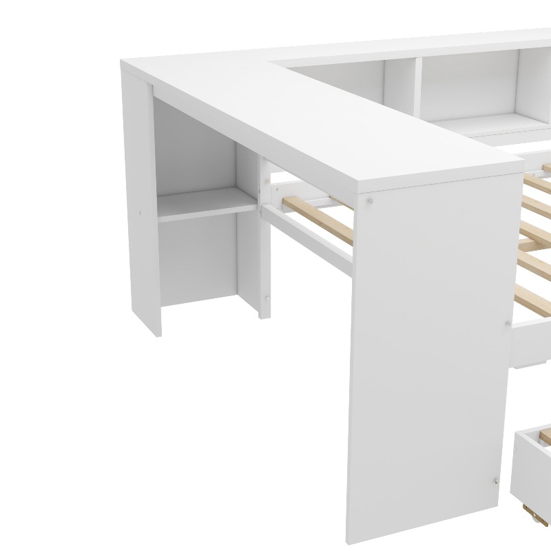 Full Size Daybed with Trundle, Wood Day Bed Frame with Storage Drawers And Side Shelves, Daybed with Desk, No Spring Box Needed, White