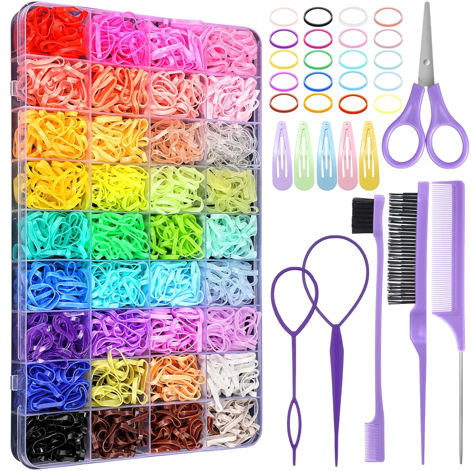 TEMU 36 couleurs d'élastiques à cheveux, 2500 élastiques à cheveux, accompagnés de 11 types d'outils pour coiffure. Anneaux élastiques colorés,