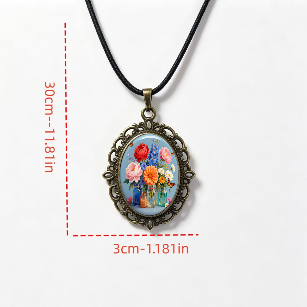 Vintage Floral Glass Pendant Necklace, Unisex Gift
