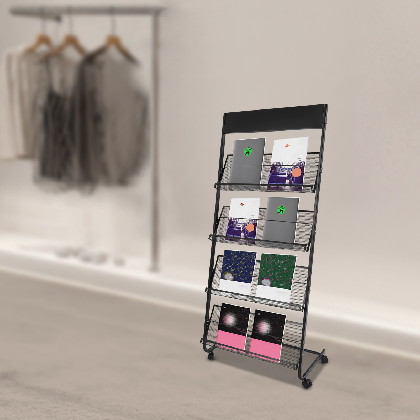 TEMU Gdrasuya10 Magazine Rack - Black, Magazine Display Rack, Floor Standing Magazine Rack, Magazine Rack With Wheels