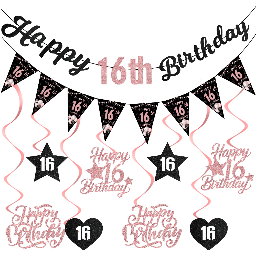 16th Birthday Decorations For Girls Women, Black 2010 Happy 16th Birthday Triangle Flag Banner With Glitter Hanging Swirls Party Supplies, Sweet Hello 16 Years Old Bday Decor