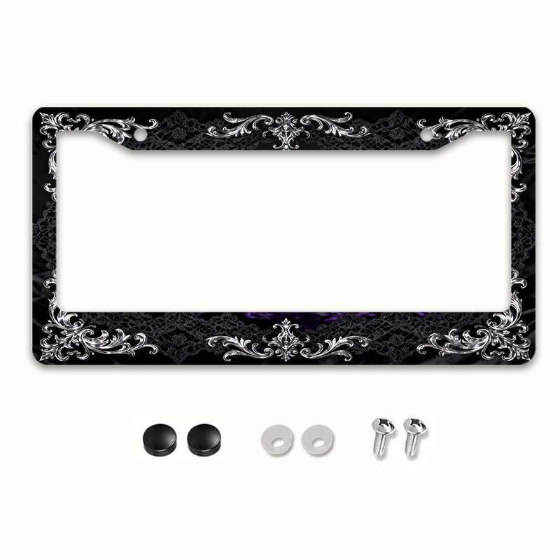 TEMU 2d Flat 1pc Metal License Plate Frame, Vintage Ornate Silvery Carved Design With Black Lace And Scenes, Suitable For And Most International