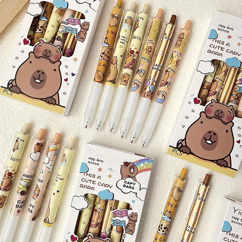 6pcs capybala retractable cute cartoon capybara pens 0. 5mm black ink gel ink aesthetic supplies for girls boys women men, cute gel pens, fancy pen, needle tip pens, cute pens bulk, school pens, ink gel pens, notetaking pens, writing tools, design, fun stationery, comfortable grip, durable pen, fine tip pen, retractable pen, stationery lovers, gift for friends Product details 2