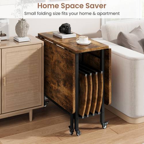 5pcs farmhouse dining table set for 4 47 inch large wooden folding dining table with 4 foldable chairs drop leaf foldable kitchen table on wheels sturdy and space saving retro