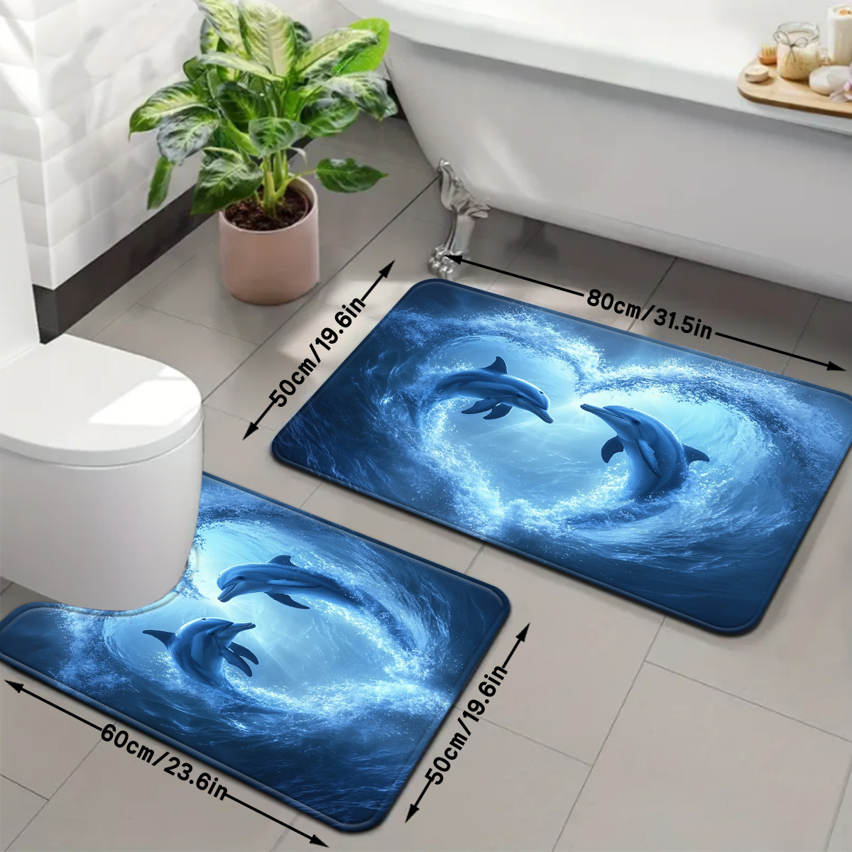 TEMU 2pcs/3pcs Blue Heart Wave Dolphin Pattern Bathroom Mat Set With Strong Absorbency, Includes U-shaped Toilet Mat. Suitable For Kitchen, Bathroom