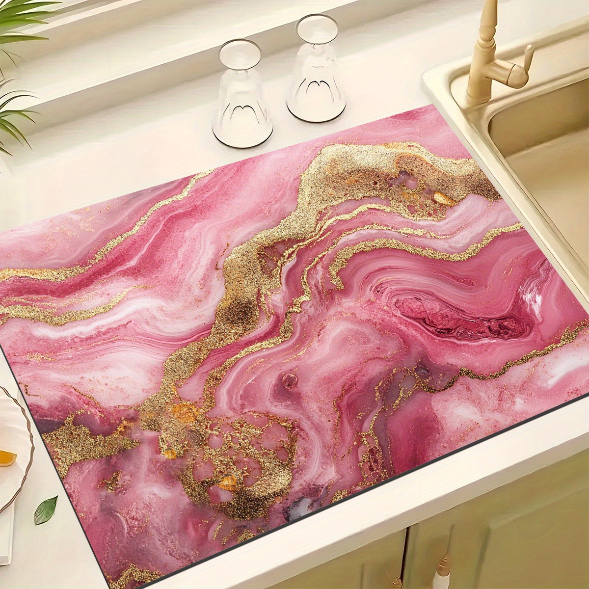 TEMU Jit1pc Features A Bowl And Dish Drying Mat With A Pink Fluid Pattern, Suitable For Bar Counters, Providing Water Absorption, Surface Protection,