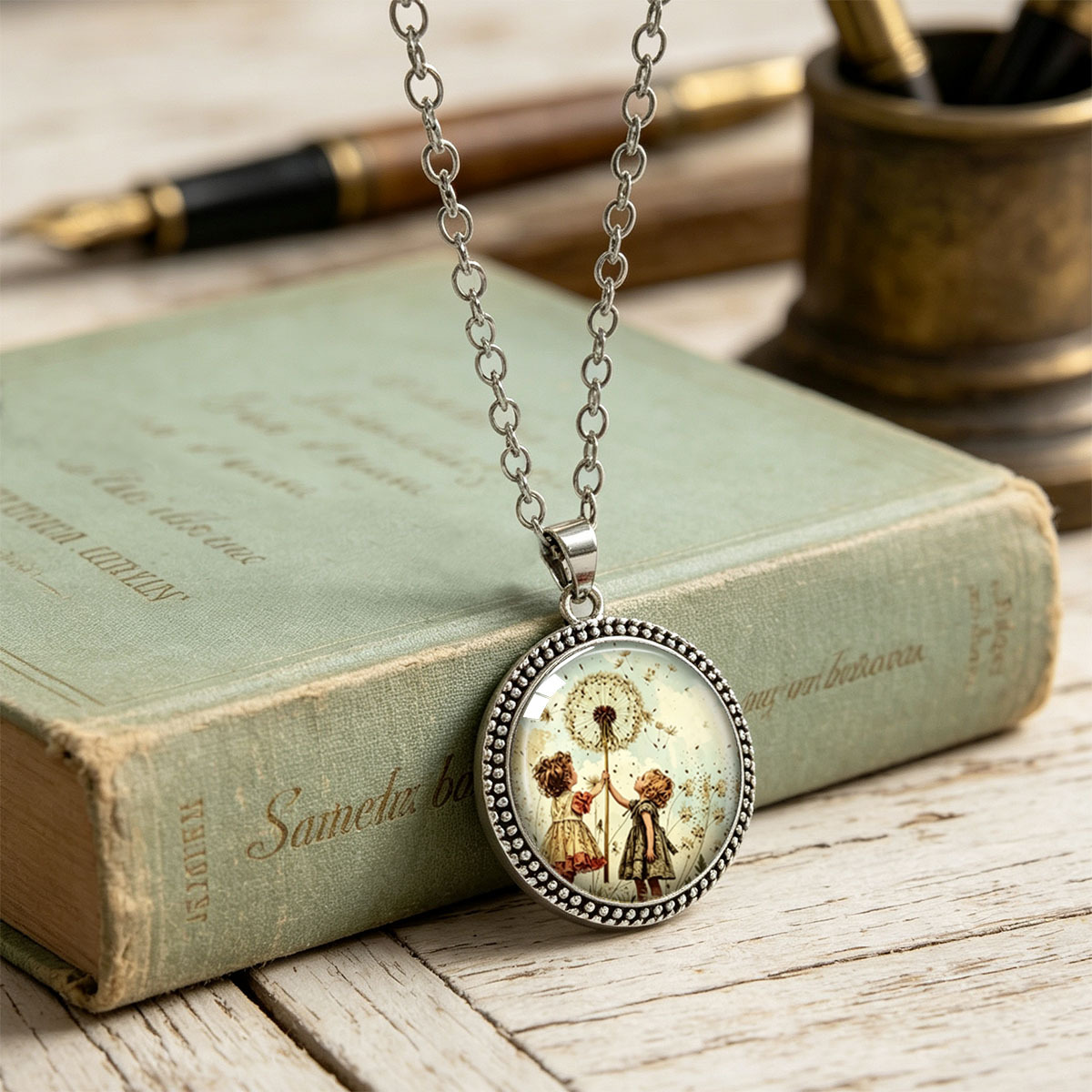 Nostalgic Dandelion Art Print Round Pendant Necklace