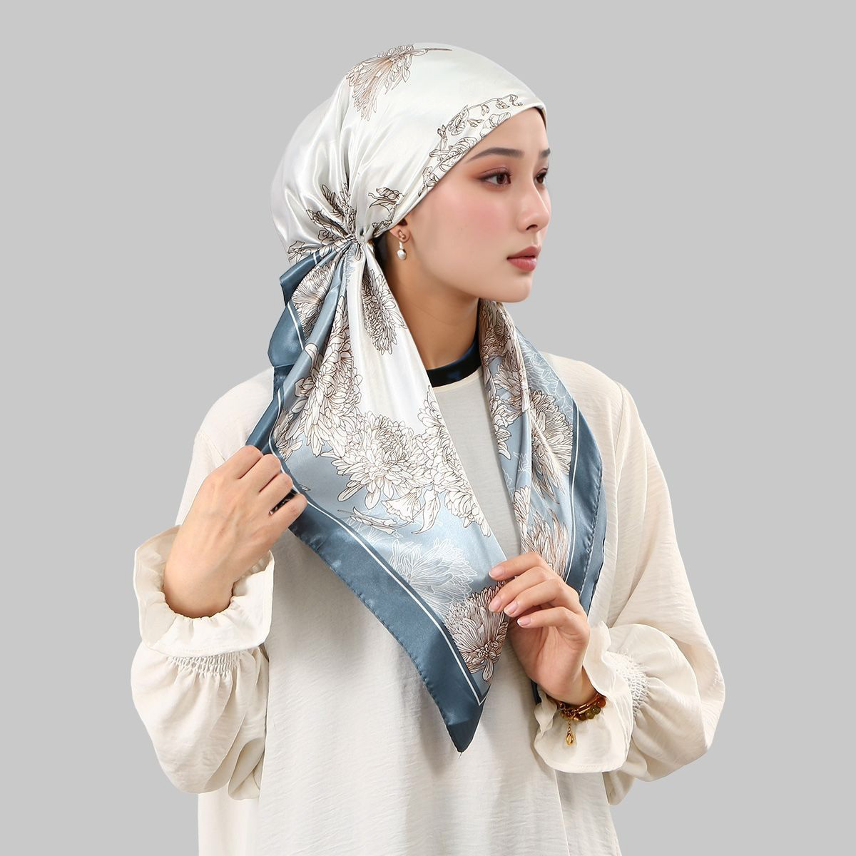 TEMU -one Tie-less Satin Printed Headscarf, Smooth Style Versatile For Abaya And Shawl