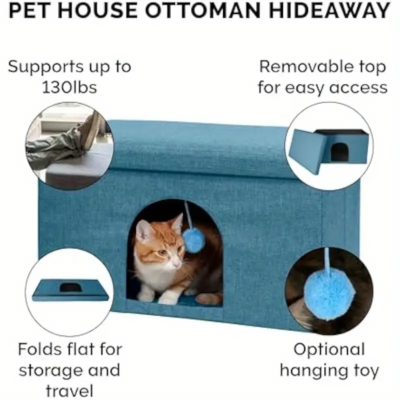 collapsible foldable pet house for cats small dogs 130lb capacity w plush ball toy ocean blue large 25 5 x15 x15 indoor living room furniture travel condo indoor dog house cozy enclosed design durable fabric cover Product details 3