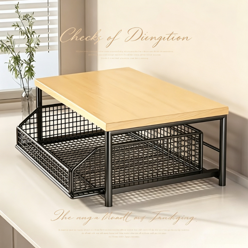 Image of 3/2 Tier White/black Storage Organizer With Pull Out Mesh Drawers, Wooden Top Countertop Shelf, Vanity & Bathroom Shelving Rack For Laundry Room, Makeup And Household Accessories Storage, Shelves