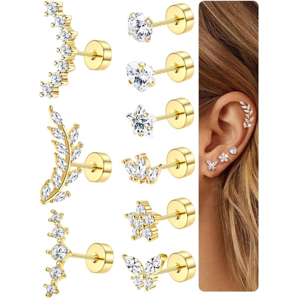 E-shop 2D Flach, 9-teiliges Helix Piercing Schmuck Set Tragus Knorpel Ohrringe Hypoallergene Flachrücken Stecker für Frauen