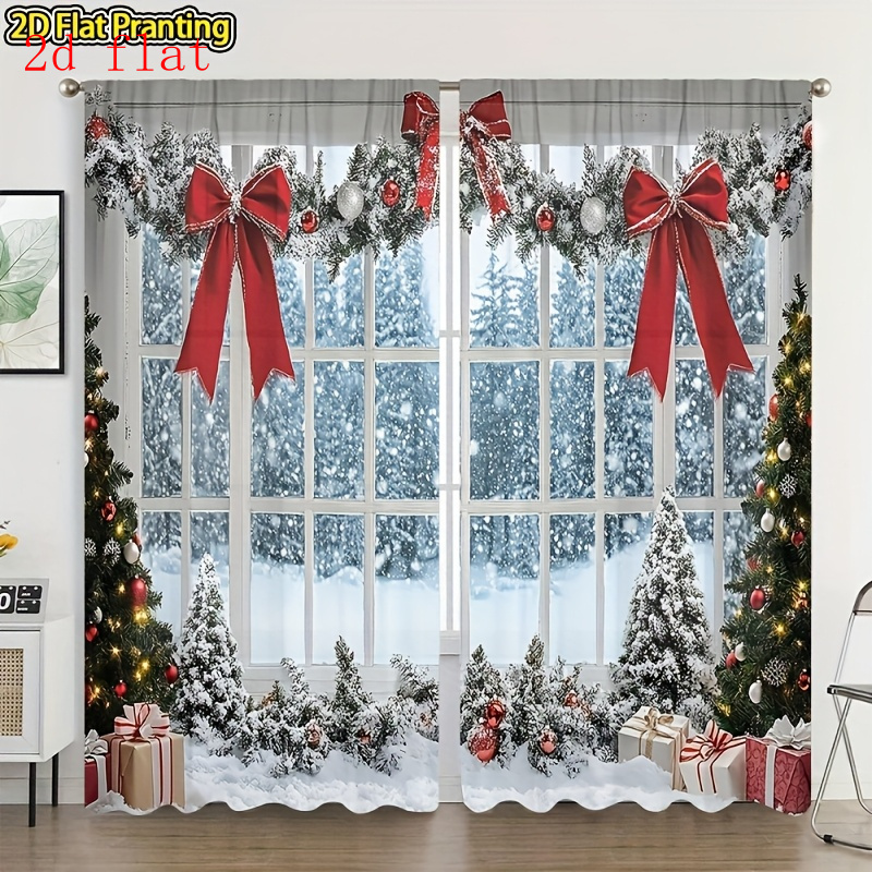TEMU 2D Plat - 2D Plat - 2D Plat, Ensemble 2 pièces Décoration de Noël Rideaux d'hiver semi-transparents 2D Plat, à poche pour tringle Nœud rouge