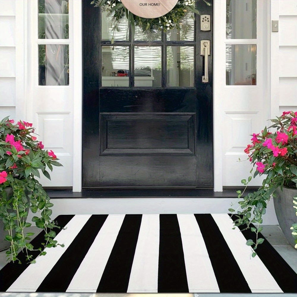 TEMU Black White Striped Rug Front Door Mats Outdoor, Washable Rug For Front Porch Decor, Spring Summer Welcome Mats Outdoor Indoor, Doormat For Farmhouse/ Entryway/ Home Entrance