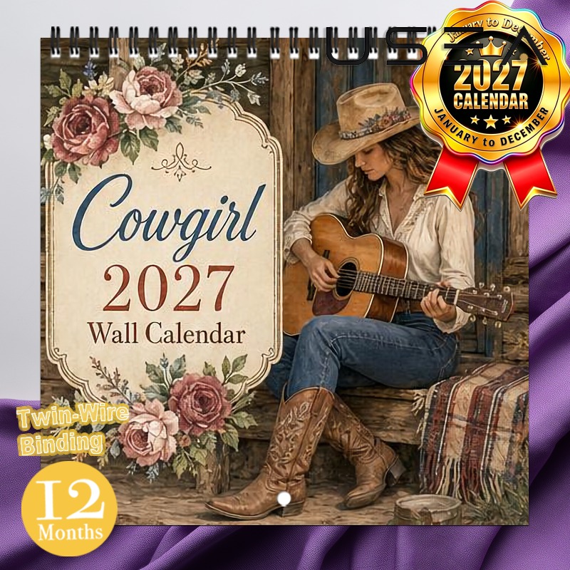 TEMU Calendrier mural 2027, Calendrier mural Cowgirl 2027, Planificateur mensuel 12 mois, Calendrier à spirale à double , Décor floral bohème de