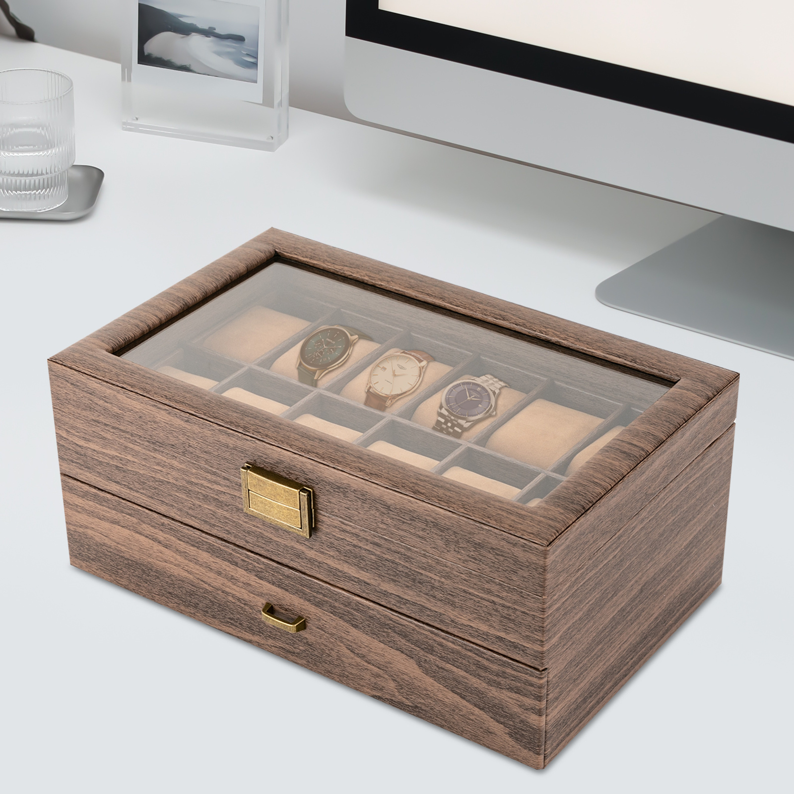 24-Slot Watch Box Organizer - Heavy-Duty Construction, Elegant Brown PU Leather Exterior & Glass Top Lid, Secure Snap Closure, Watch Storage Case for Home, Office, or Gift - Fits 34x21x15cm Watches - Ideal for   &  , Home Decor, Contemporary Design, Durable Construction, Display Case,  , Jewelry Boxes