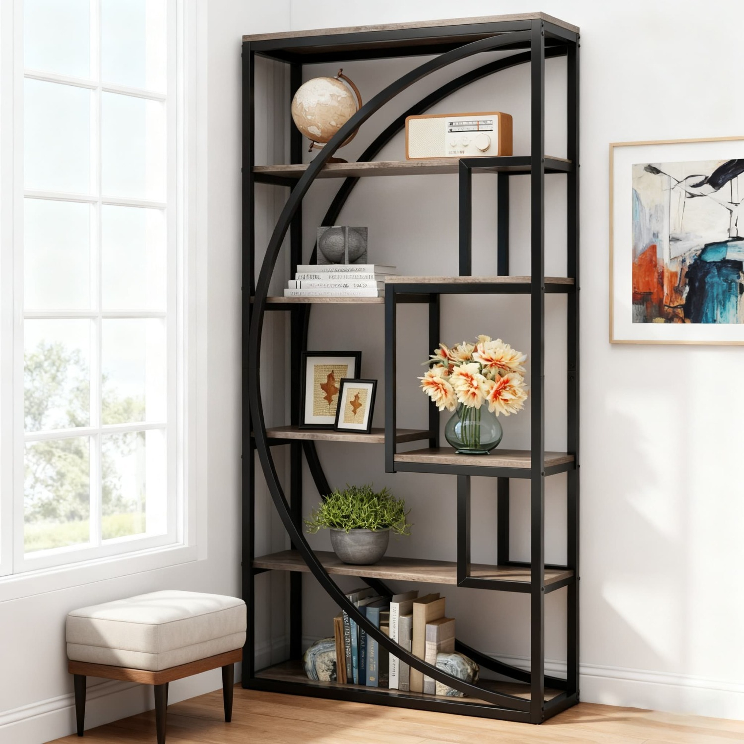Image of Industrial 5-tier Etagere Bookcase With 8 Open Storage Shelves - Inch Tall Display Shelving Unit For Home Office & Living Room