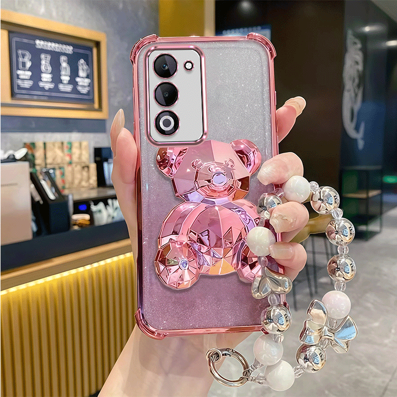 TEMU Case For Oppo A5 5g Luxury Plating Bear Folding Stand Holder Phone Case Gradient Shinny Glitter Shockproof Protection Soft Back Cover With