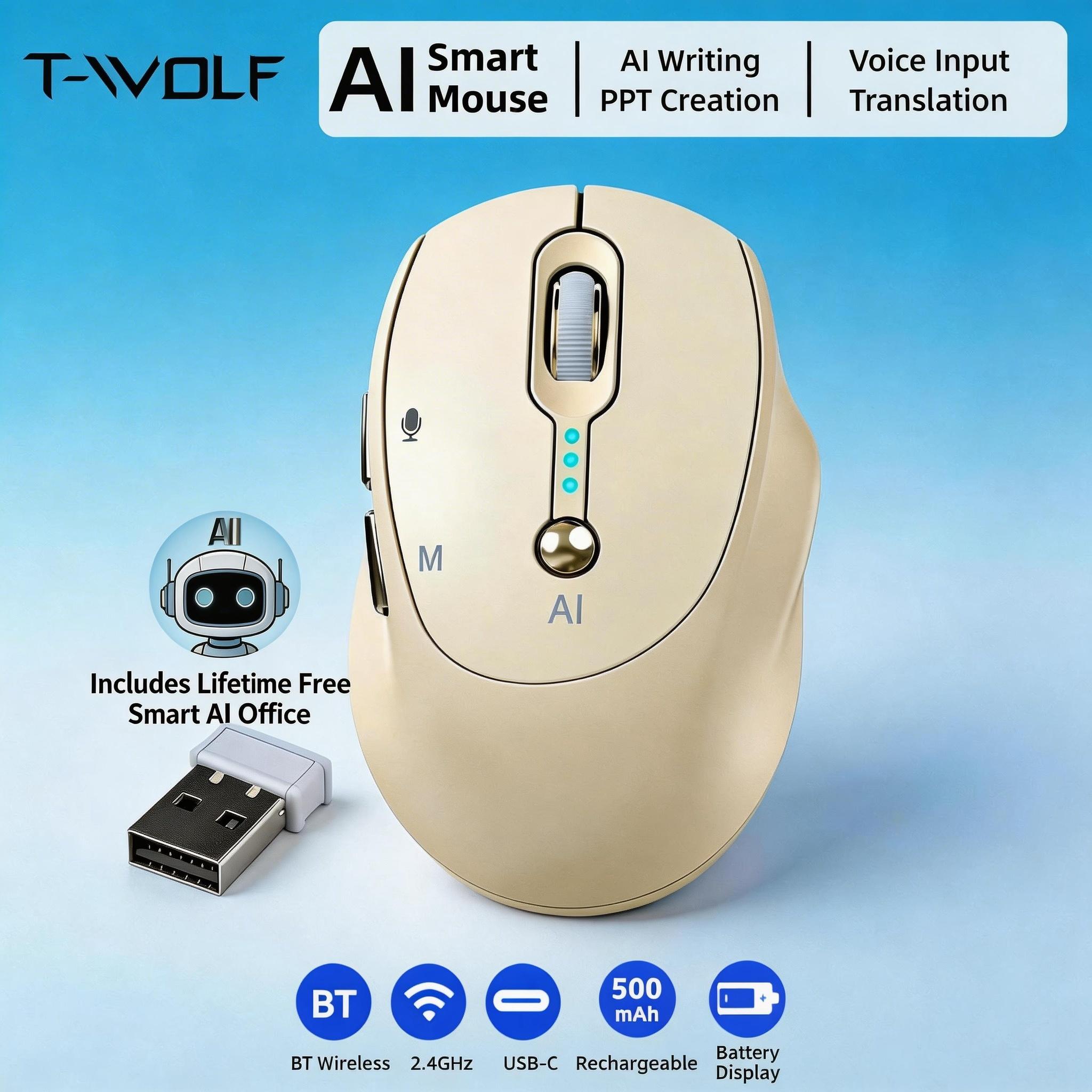 TEMU Wireless Mouse, Includes Smart Ai Office Assistant, Voice-to-text Input, Multi-language Real-time Translation, Ai Writing & Ppt Creation, T-wolf