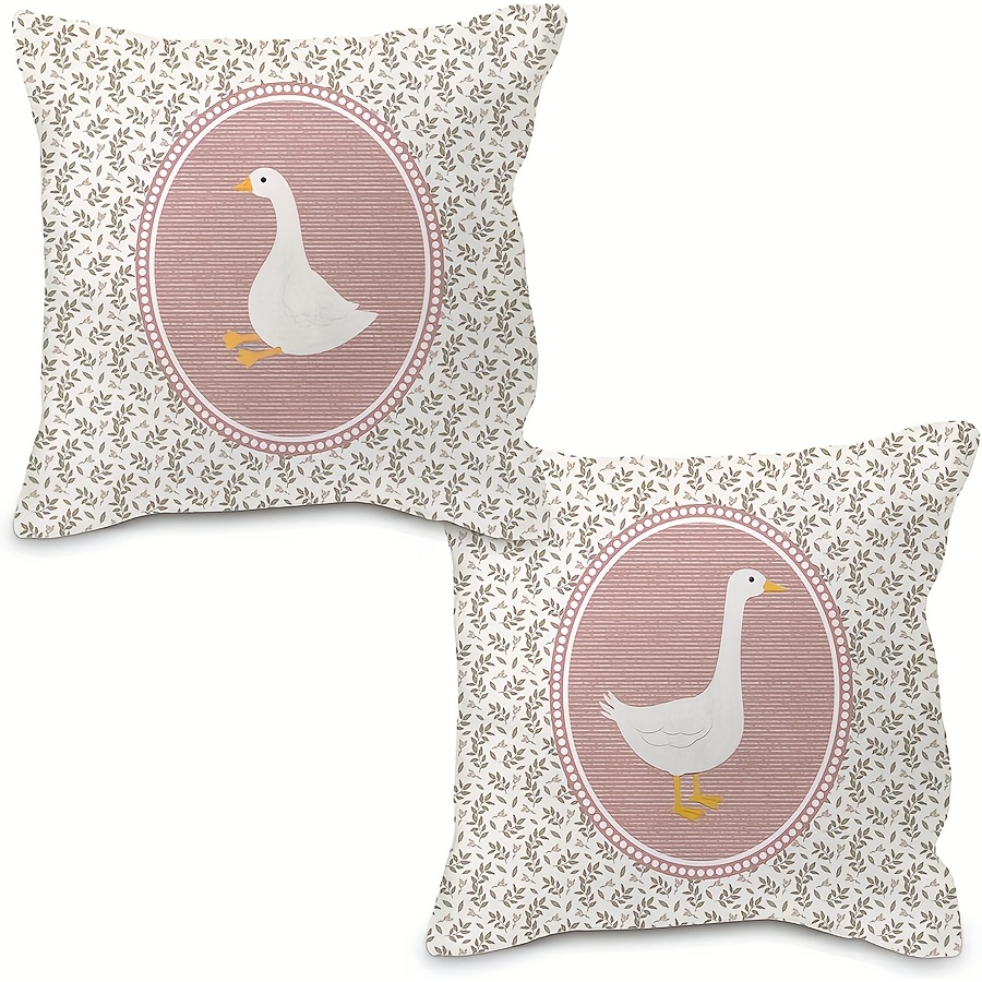 TEMU 2 Vintage-style Pillowcases With Goose And Floral Patterns| Single-sided Material, Rustic Style, Zipper Closure, Pink And , Suitable For Bedroom
