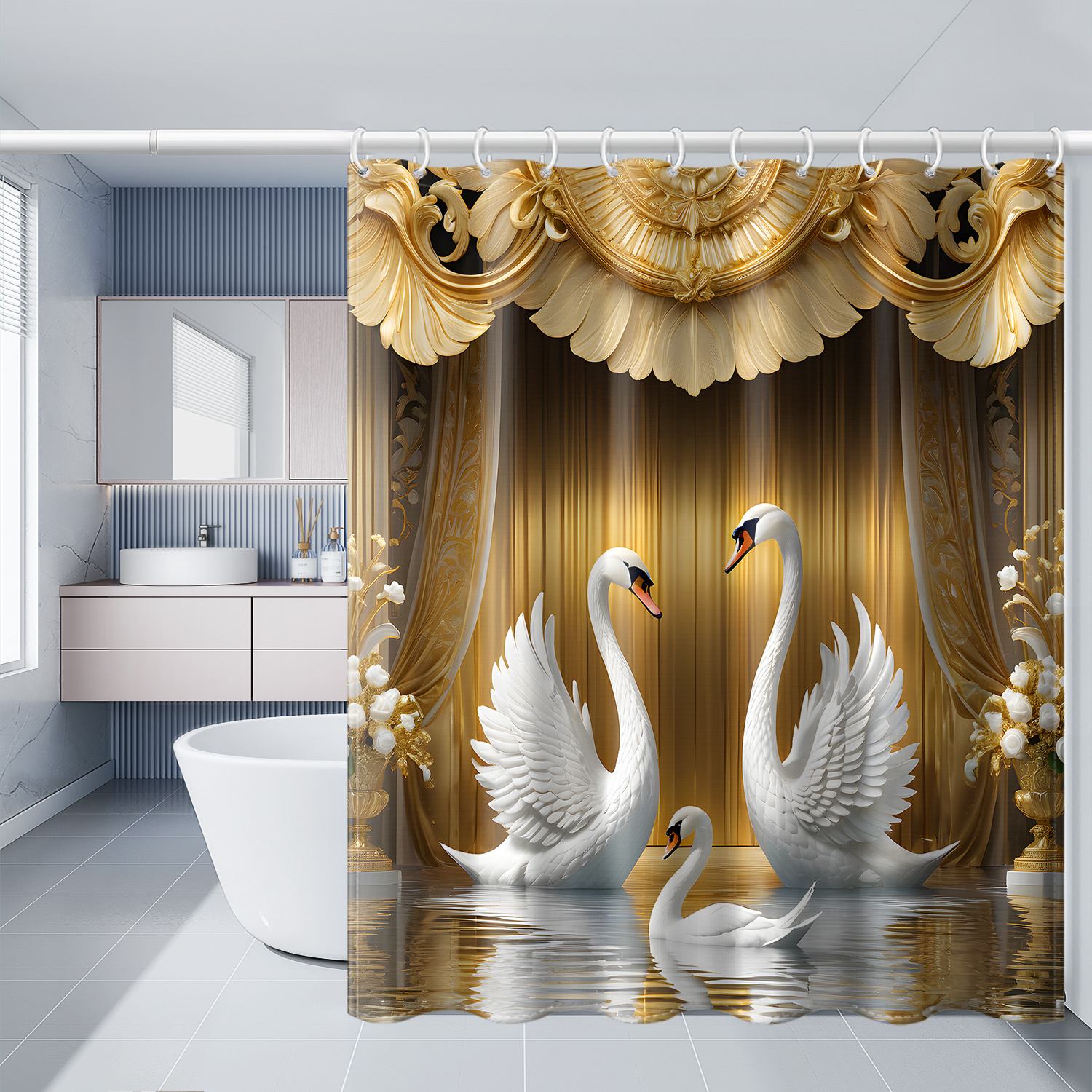 TEMU 1 pieza Cortina de ducha con de y dorado para de San Valentín, tela de poliéster con ganchos, estilo sencillo, decoración para baño de ventana y
