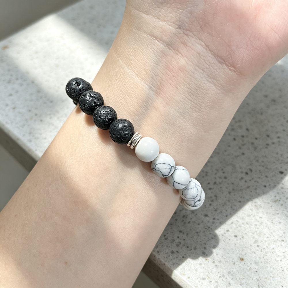 Unisex Handmade Black Rock and White Veined Stone Bead Bracelet