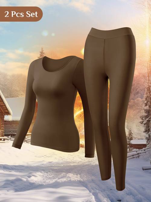 2pcs Women's Ultra-Thin Thermal Underwear Set Stay warm and invisible through fall and winter. Includes a soft, comfortable long-sleeve fitted top and pants. Perfect for layering in autumn and winter. Pair with solid-color high-stretch leggings